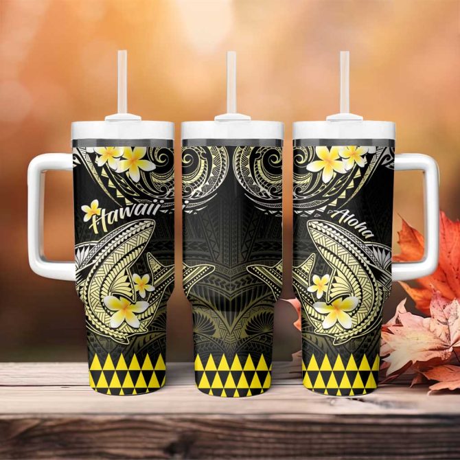 Hawaii Polynesian Shark With Kakau Yellow Custom Stanley Quencher 40Oz Stainless Steel Tumbler With Handle - Image 4