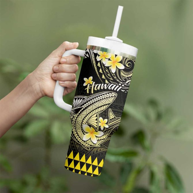 Hawaii Polynesian Shark With Kakau Yellow Custom Stanley Quencher 40Oz Stainless Steel Tumbler With Handle - Image 3