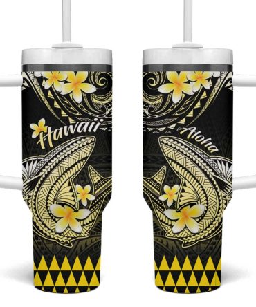 Hawaii Polynesian Shark With Kakau Yellow Custom Stanley Quencher 40Oz Stainless Steel Tumbler With Handle