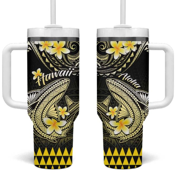 Hawaii Polynesian Shark With Kakau Yellow Custom Stanley Quencher 40Oz Stainless Steel Tumbler With Handle