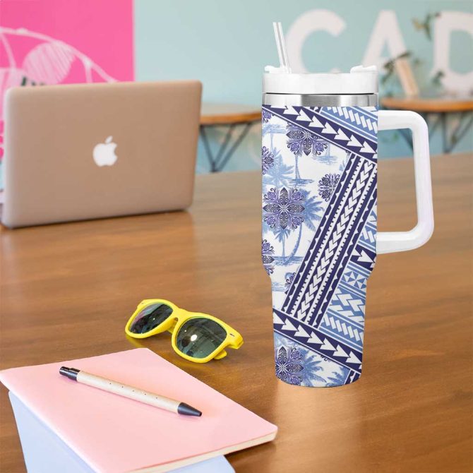 Hawaii Quilt Kakau Polynesian Blue Custom Stanley Quencher 40Oz Stainless Steel Tumbler With Handle - Image 5