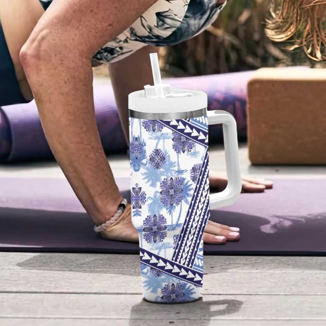 Hawaii Quilt Kakau Polynesian Blue Custom Stanley Quencher 40Oz Stainless Steel Tumbler With Handle - Image 6