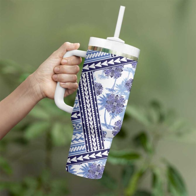 Hawaii Quilt Kakau Polynesian Blue Custom Stanley Quencher 40Oz Stainless Steel Tumbler With Handle - Image 3