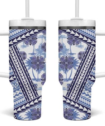 Hawaii Quilt Kakau Polynesian Blue Custom Stanley Quencher 40Oz Stainless Steel Tumbler With Handle