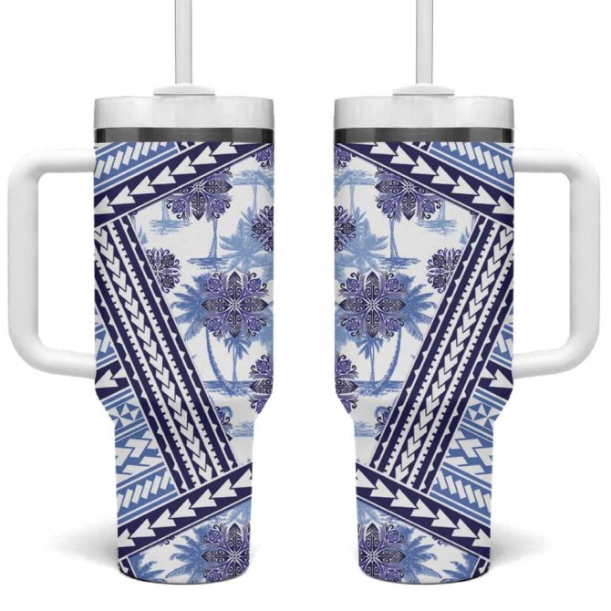 Hawaii Quilt Kakau Polynesian Blue Custom Stanley Quencher 40Oz Stainless Steel Tumbler With Handle