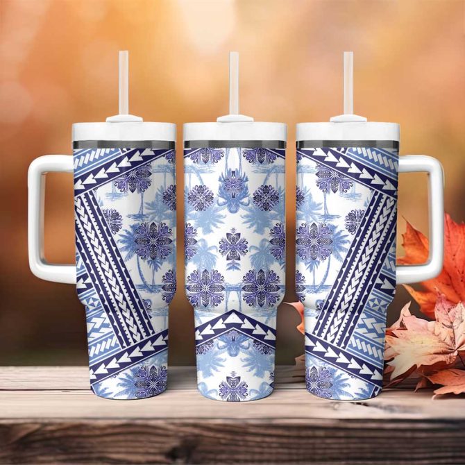 Hawaii Quilt Kakau Polynesian Blue Custom Stanley Quencher 40Oz Stainless Steel Tumbler With Handle - Image 4