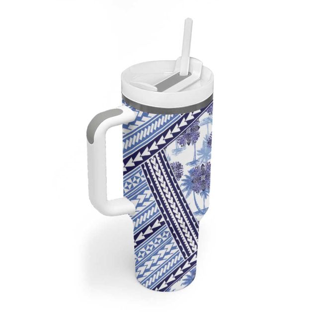 Hawaii Quilt Kakau Polynesian Blue Custom Stanley Quencher 40Oz Stainless Steel Tumbler With Handle - Image 2