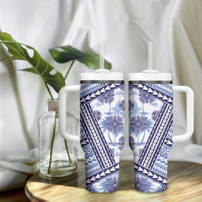 Hawaii Quilt Kakau Polynesian Blue Custom Stanley Quencher 40Oz Stainless Steel Tumbler With Handle - Image 9