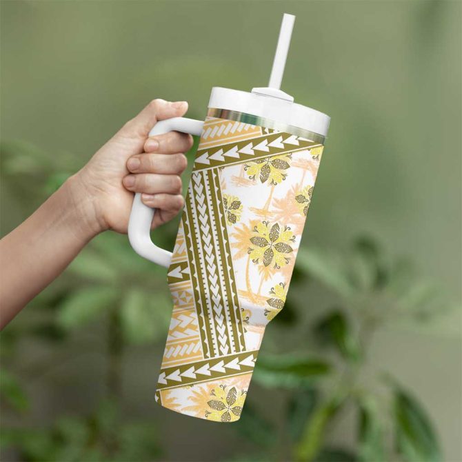 Hawaii Quilt Kakau Polynesian Gold Custom Stanley Quencher 40Oz Stainless Steel Tumbler With Handle - Image 3