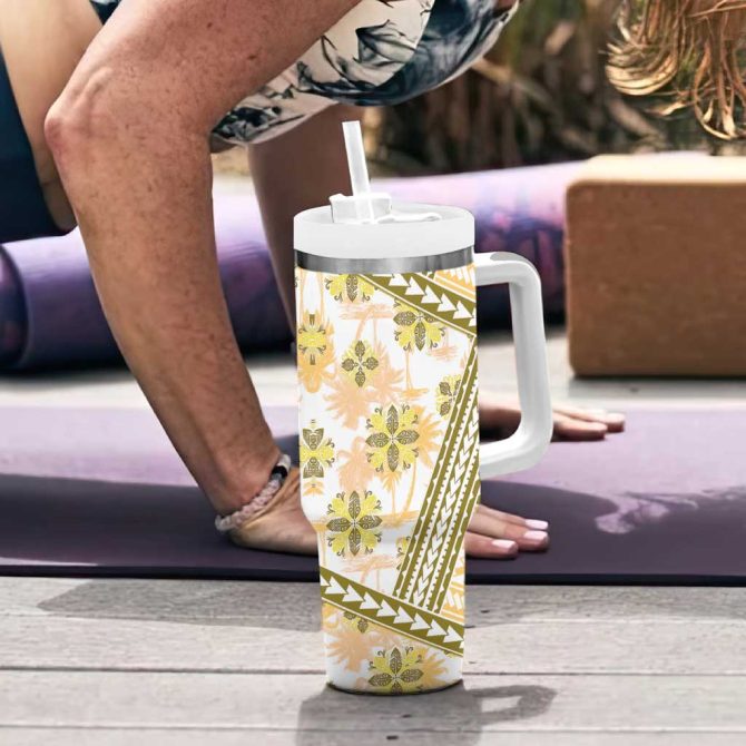 Hawaii Quilt Kakau Polynesian Gold Custom Stanley Quencher 40Oz Stainless Steel Tumbler With Handle - Image 6