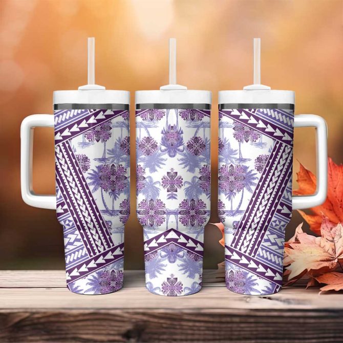 Hawaii Quilt Kakau Polynesian Lilac Custom Stanley Quencher 40Oz Stainless Steel Tumbler With Handle - Image 4