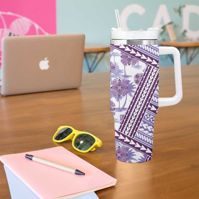 Hawaii Quilt Kakau Polynesian Lilac Custom Stanley Quencher 40Oz Stainless Steel Tumbler With Handle - Image 5