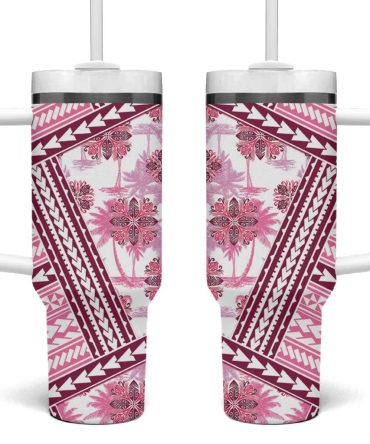 Hawaii Quilt Kakau Polynesian Mauve Pink Custom Stanley Quencher 40Oz Stainless Steel Tumbler With Handle