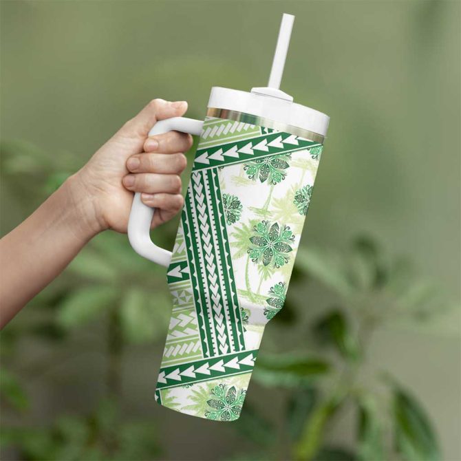 Hawaii Quilt Kakau Polynesian Olive Green Custom Stanley Quencher 40Oz Stainless Steel Tumbler With Handle - Image 3