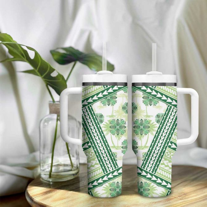 Hawaii Quilt Kakau Polynesian Olive Green Custom Stanley Quencher 40Oz Stainless Steel Tumbler With Handle - Image 9
