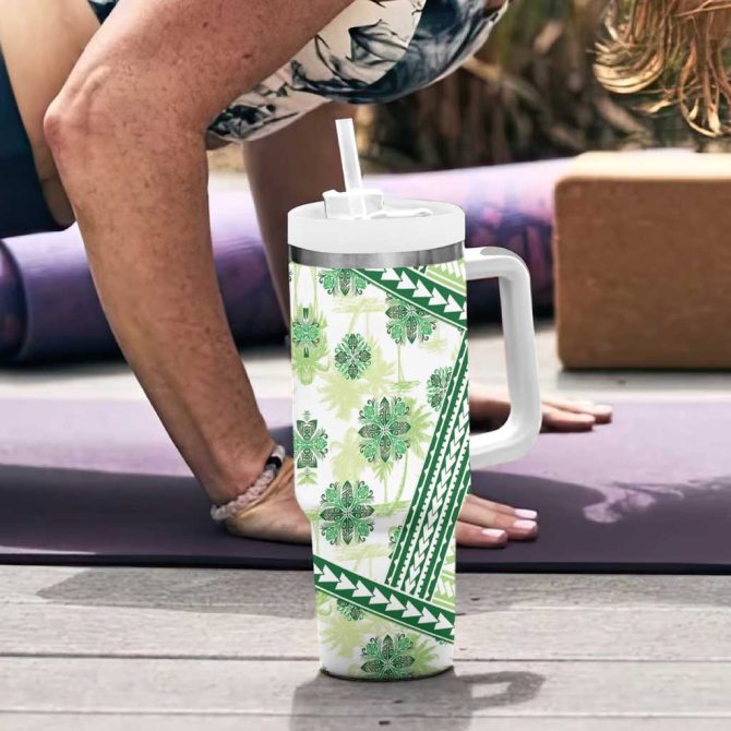 Hawaii Quilt Kakau Polynesian Olive Green Custom Stanley Quencher 40Oz Stainless Steel Tumbler With Handle - Image 6