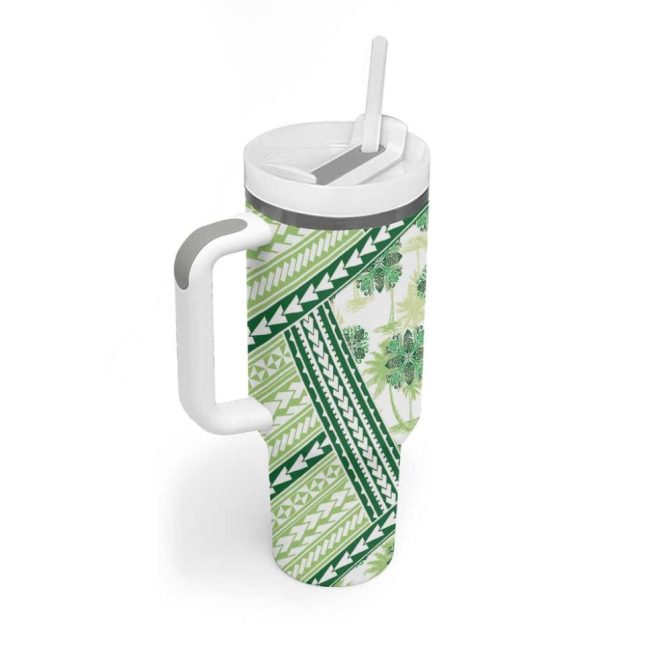 Hawaii Quilt Kakau Polynesian Olive Green Custom Stanley Quencher 40Oz Stainless Steel Tumbler With Handle - Image 2