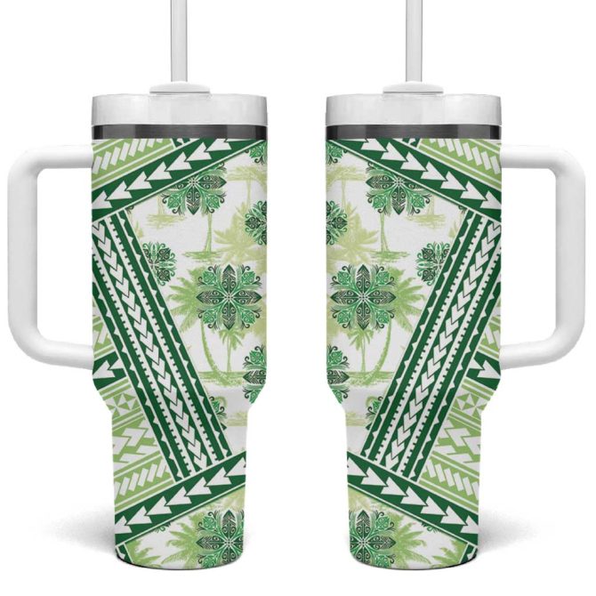 Hawaii Quilt Kakau Polynesian Olive Green Custom Stanley Quencher 40Oz Stainless Steel Tumbler With Handle