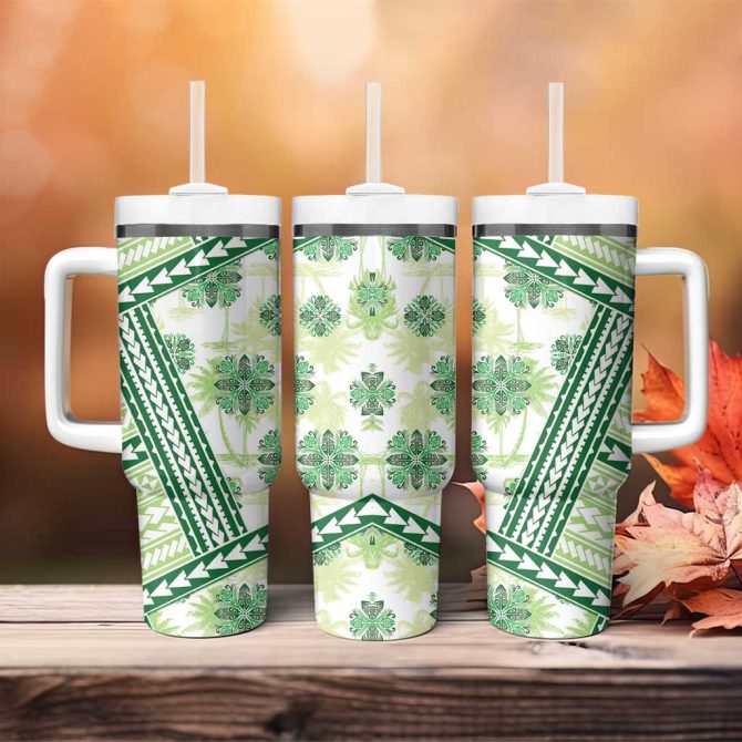 Hawaii Quilt Kakau Polynesian Olive Green Custom Stanley Quencher 40Oz Stainless Steel Tumbler With Handle - Image 4