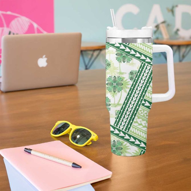 Hawaii Quilt Kakau Polynesian Olive Green Custom Stanley Quencher 40Oz Stainless Steel Tumbler With Handle - Image 5