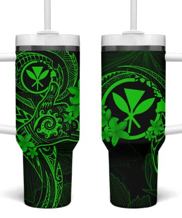 Hawaii Shaka Tattoo Mix Polynesian Plumeria Green Custom Stanley Quencher 40Oz Stainless Steel Tumbler With Handle