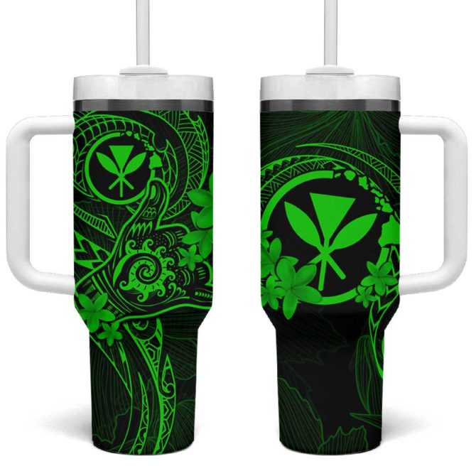 Hawaii Shaka Tattoo Mix Polynesian Plumeria Green Custom Stanley Quencher 40Oz Stainless Steel Tumbler With Handle