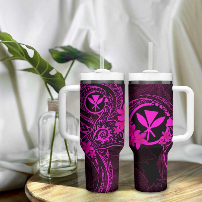 Hawaii Shaka Tattoo Mix Polynesian Plumeria Pink Custom Stanley Quencher 40Oz Stainless Steel Tumbler With Handle - Image 9