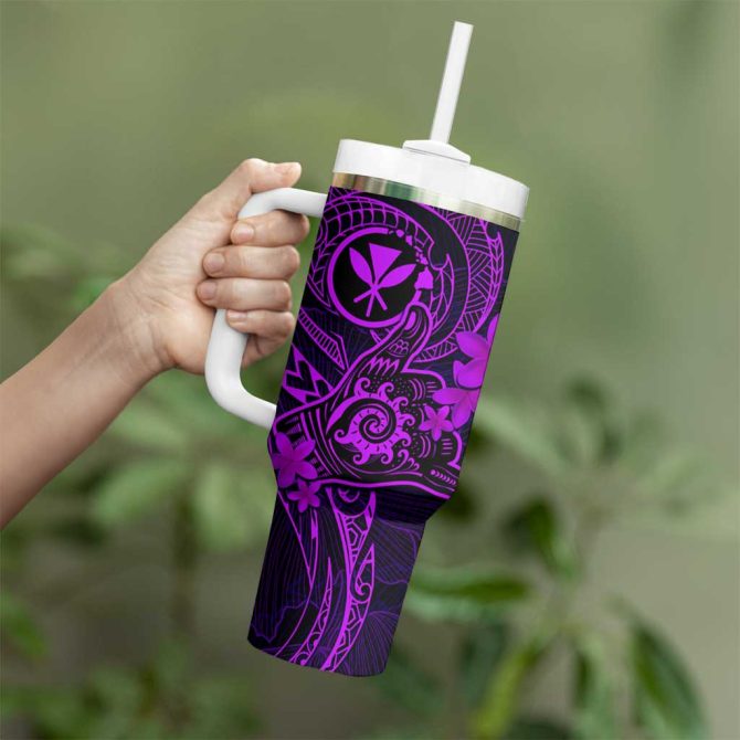 Hawaii Shaka Tattoo Mix Polynesian Plumeria Purple Custom Stanley Quencher 40Oz Stainless Steel Tumbler With Handle - Image 3