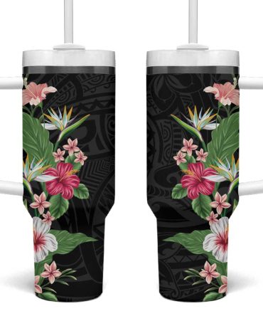 Hawaii Tropical Flowers Polynesian Tattoo Black Custom Stanley Quencher 40Oz Stainless Steel Tumbler With Handle
