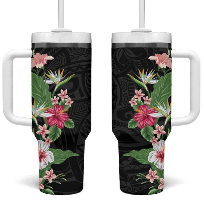 Hawaii Tropical Flowers Polynesian Tattoo Black Custom Stanley Quencher 40Oz Stainless Steel Tumbler With Handle