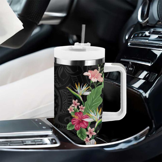 Hawaii Tropical Flowers Polynesian Tattoo Black Custom Stanley Quencher 40Oz Stainless Steel Tumbler With Handle - Image 8