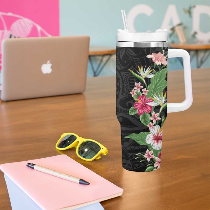 Hawaii Tropical Flowers Polynesian Tattoo Black Custom Stanley Quencher 40Oz Stainless Steel Tumbler With Handle - Image 5