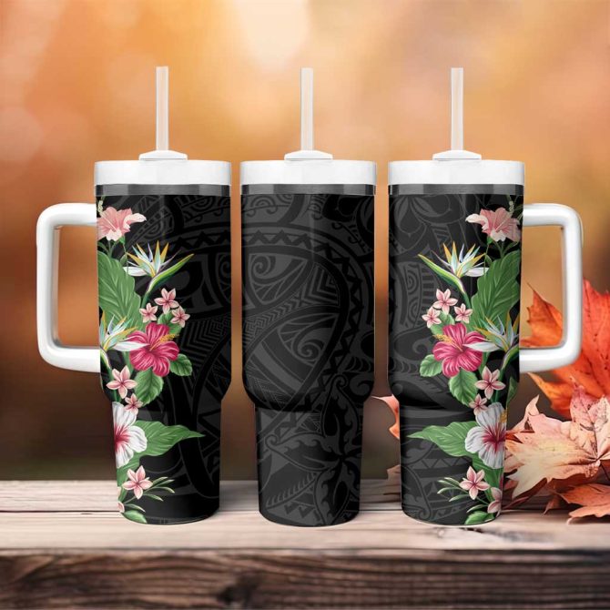 Hawaii Tropical Flowers Polynesian Tattoo Black Custom Stanley Quencher 40Oz Stainless Steel Tumbler With Handle - Image 4