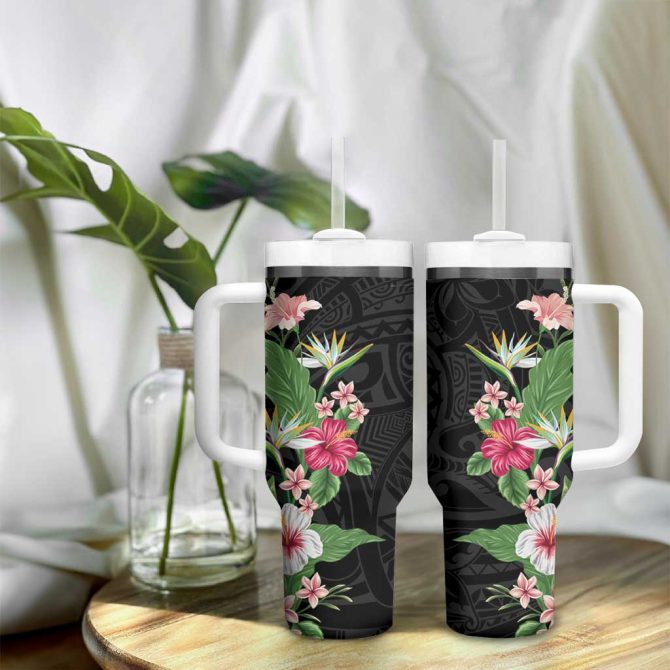 Hawaii Tropical Flowers Polynesian Tattoo Black Custom Stanley Quencher 40Oz Stainless Steel Tumbler With Handle - Image 9