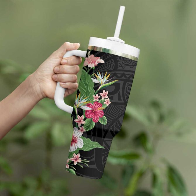 Hawaii Tropical Flowers Polynesian Tattoo Black Custom Stanley Quencher 40Oz Stainless Steel Tumbler With Handle - Image 3
