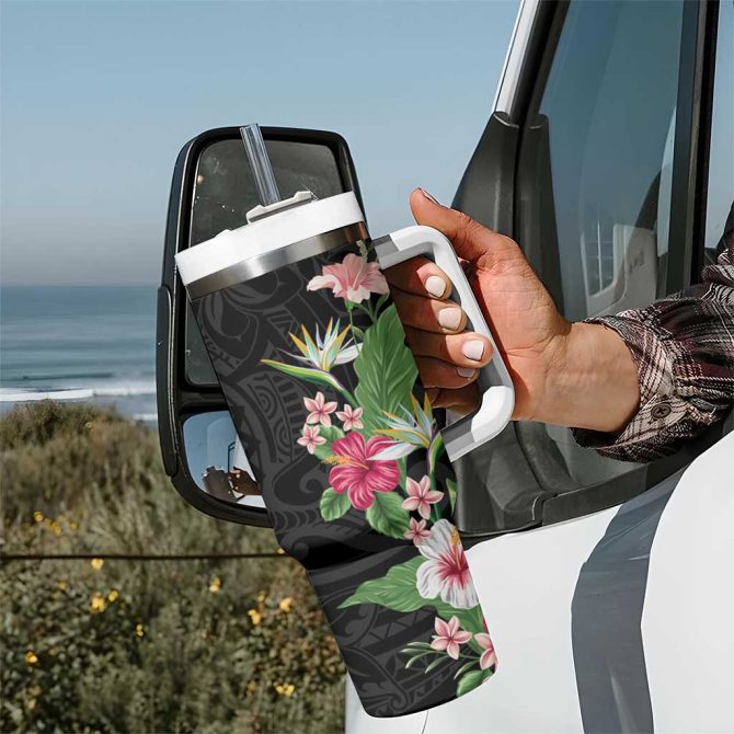 Hawaii Tropical Flowers Polynesian Tattoo Black Custom Stanley Quencher 40Oz Stainless Steel Tumbler With Handle - Image 7