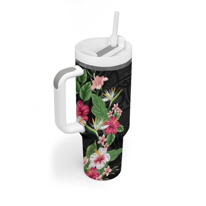 Hawaii Tropical Flowers Polynesian Tattoo Black Custom Stanley Quencher 40Oz Stainless Steel Tumbler With Handle - Image 2