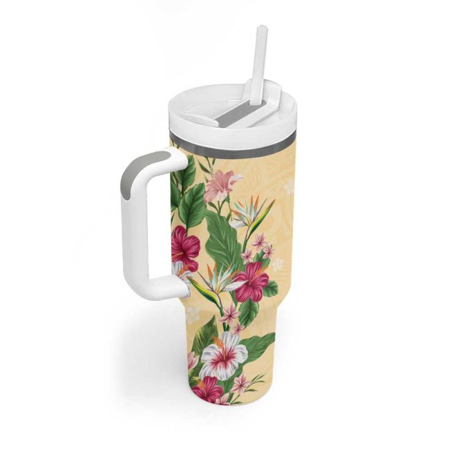 Hawaii Tropical Flowers Polynesian Tattoo Buttermilk Custom Stanley Quencher 40Oz Stainless Steel Tumbler With Handle - Image 2