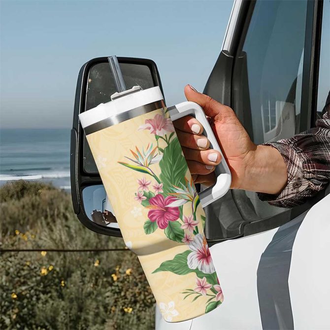 Hawaii Tropical Flowers Polynesian Tattoo Buttermilk Custom Stanley Quencher 40Oz Stainless Steel Tumbler With Handle - Image 7