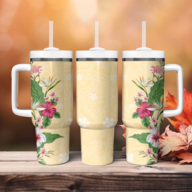 Hawaii Tropical Flowers Polynesian Tattoo Buttermilk Custom Stanley Quencher 40Oz Stainless Steel Tumbler With Handle - Image 4