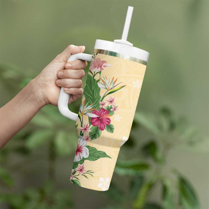 Hawaii Tropical Flowers Polynesian Tattoo Buttermilk Custom Stanley Quencher 40Oz Stainless Steel Tumbler With Handle - Image 3
