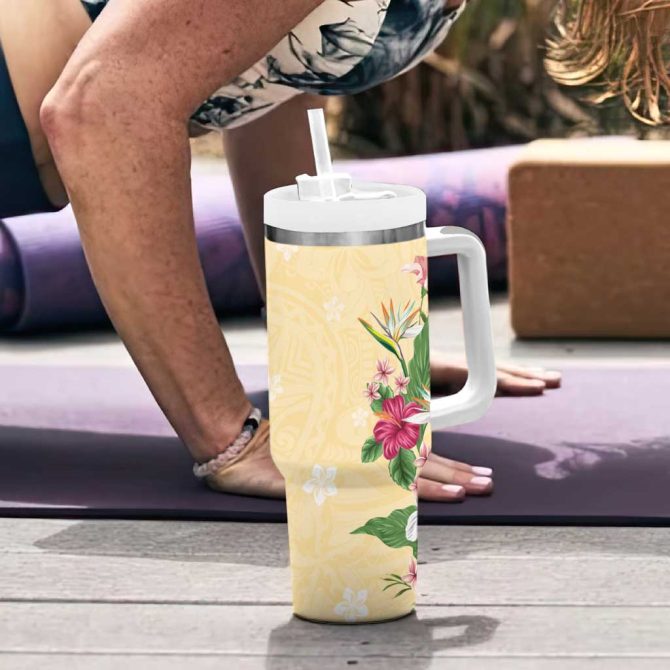 Hawaii Tropical Flowers Polynesian Tattoo Buttermilk Custom Stanley Quencher 40Oz Stainless Steel Tumbler With Handle - Image 6