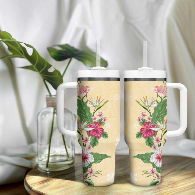 Hawaii Tropical Flowers Polynesian Tattoo Buttermilk Custom Stanley Quencher 40Oz Stainless Steel Tumbler With Handle - Image 9