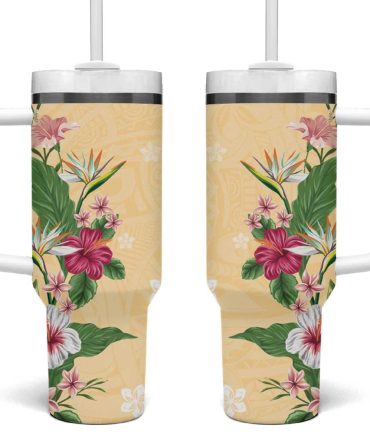 Hawaii Tropical Flowers Polynesian Tattoo Buttermilk Custom Stanley Quencher 40Oz Stainless Steel Tumbler With Handle