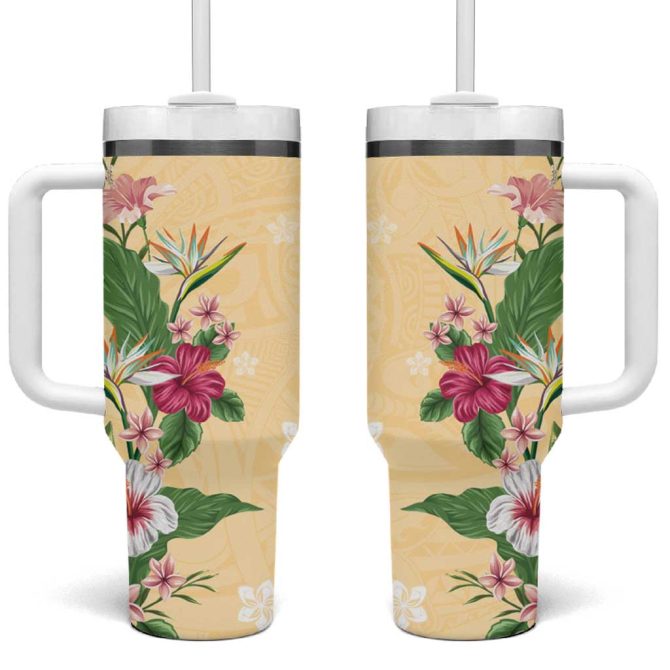 Hawaii Tropical Flowers Polynesian Tattoo Buttermilk Custom Stanley Quencher 40Oz Stainless Steel Tumbler With Handle