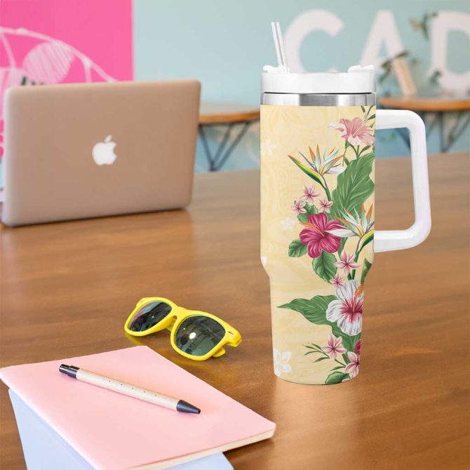 Hawaii Tropical Flowers Polynesian Tattoo Buttermilk Custom Stanley Quencher 40Oz Stainless Steel Tumbler With Handle - Image 5