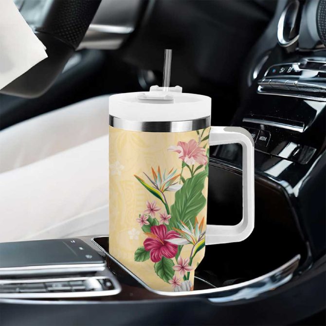 Hawaii Tropical Flowers Polynesian Tattoo Buttermilk Custom Stanley Quencher 40Oz Stainless Steel Tumbler With Handle - Image 8