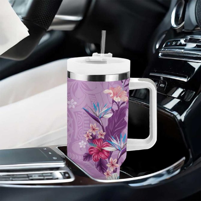 Hawaii Tropical Flowers Polynesian Tattoo Lavender Custom Stanley Quencher 40Oz Stainless Steel Tumbler With Handle - Image 8