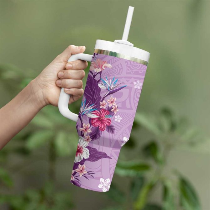 Hawaii Tropical Flowers Polynesian Tattoo Lavender Custom Stanley Quencher 40Oz Stainless Steel Tumbler With Handle - Image 3