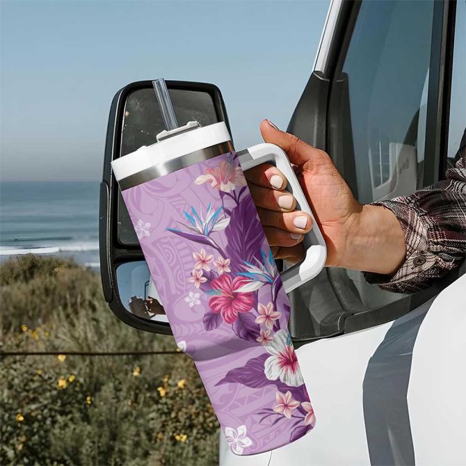 Hawaii Tropical Flowers Polynesian Tattoo Lavender Custom Stanley Quencher 40Oz Stainless Steel Tumbler With Handle - Image 7